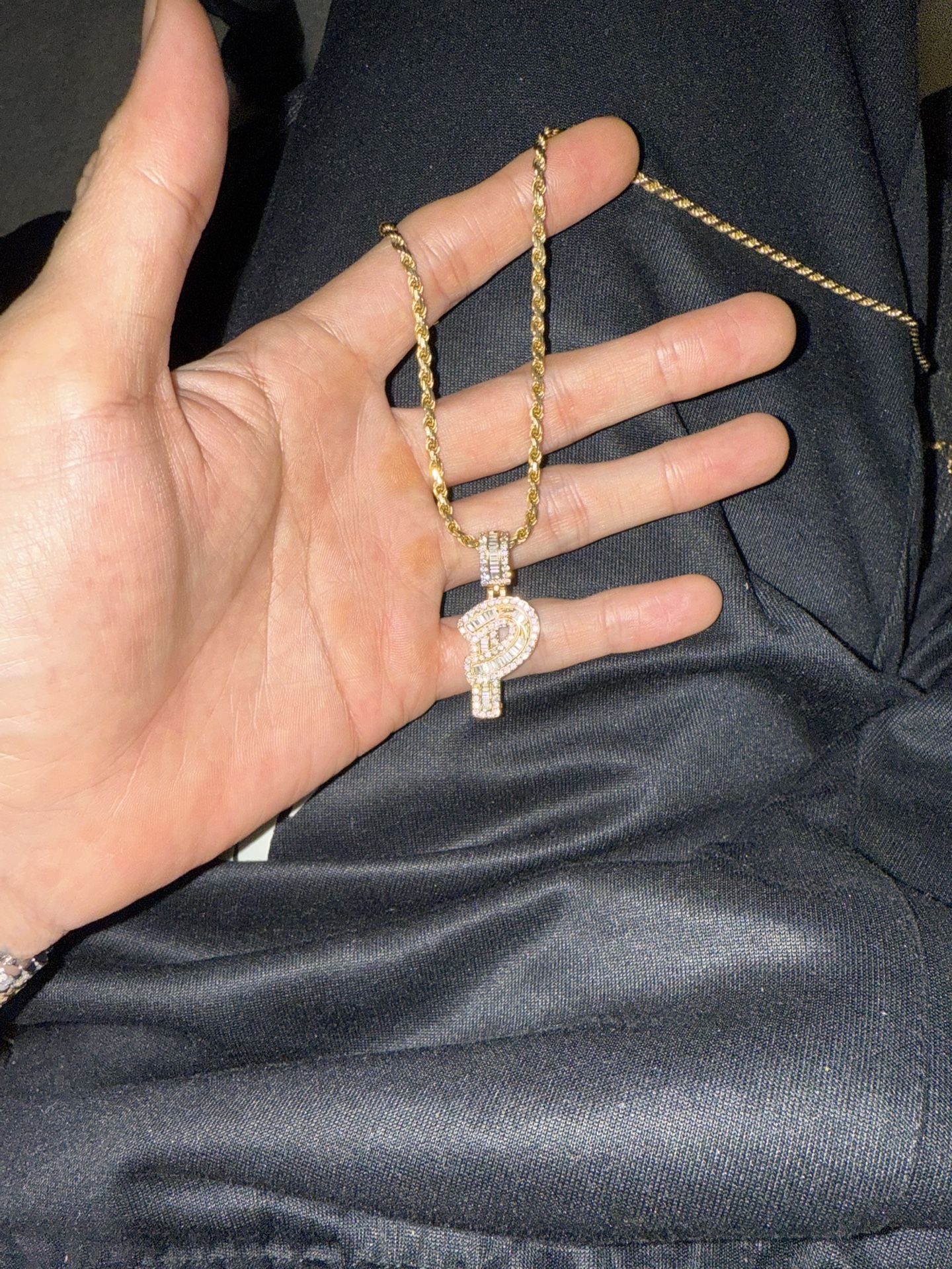 10k Diamond āPā Pendant With 14k Solid Rope Chain