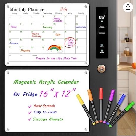 JAMCUN Magnetic Acrylic Calendar for Fridge, 2 Pcs White Fridge Calendar Reusable Dry Erase Board for Refrigerator with 6 Color Markers, Includes Mon
