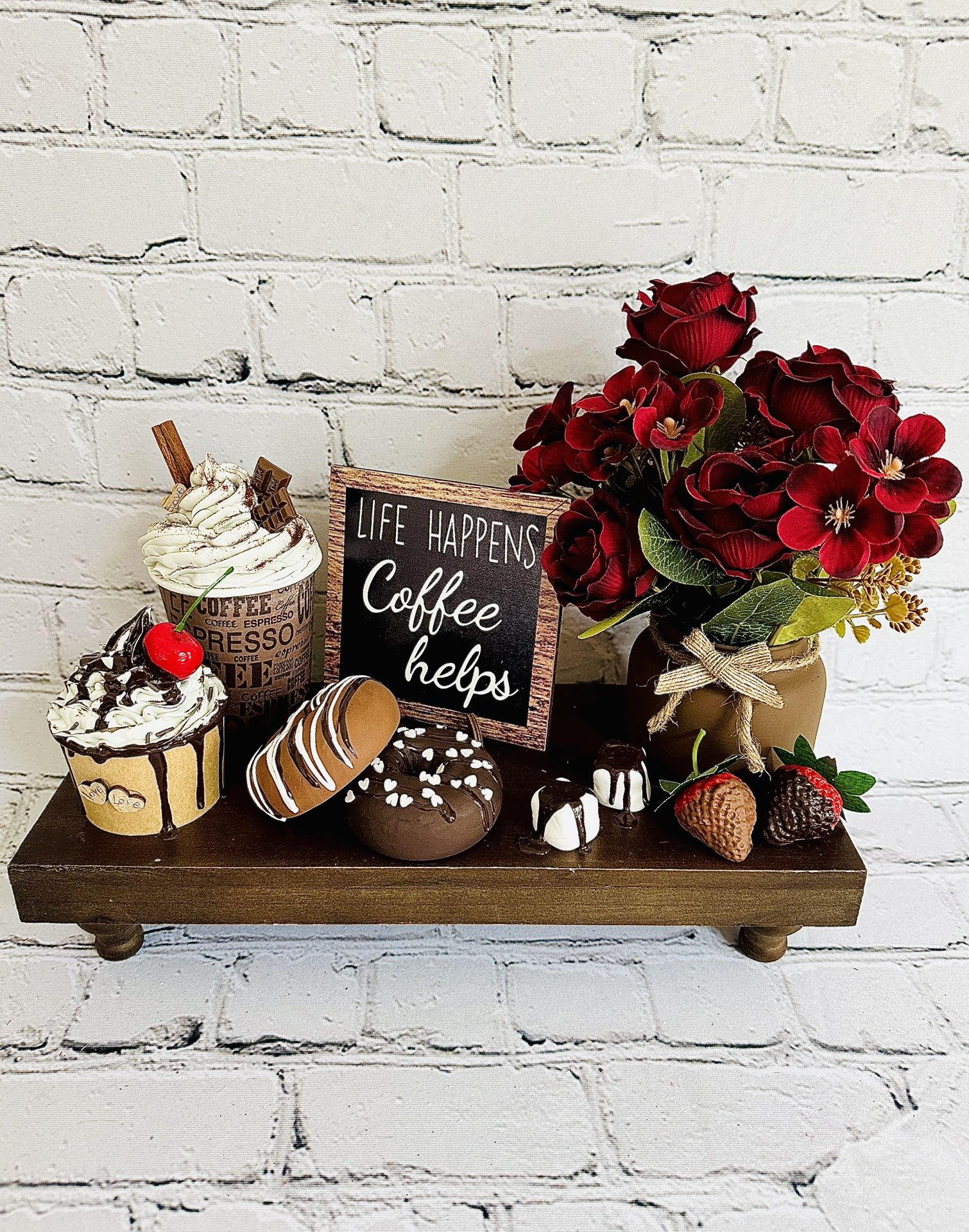 Coffee Bar Faux Decor Tray | Life Happens Coffee Helps Sign | Fake Donuts, Cupcakes, Chocolates | Farmhouse Kitchen Display | Not Edible