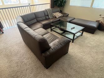 Premium Italsofa (by Natuzzi) Brown Leather U-Shaped Sectional with Storage Ottoman