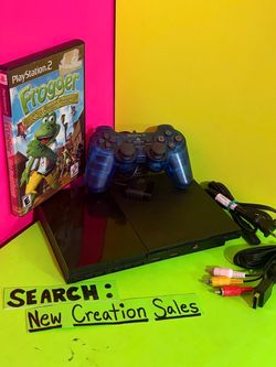 BUNDLE Sony PlayStation 2 PS2 Slim Console Black with OEM Blue DualShock Controller Frogger The Great Quest Game AV Power Cords Retro Gaming System