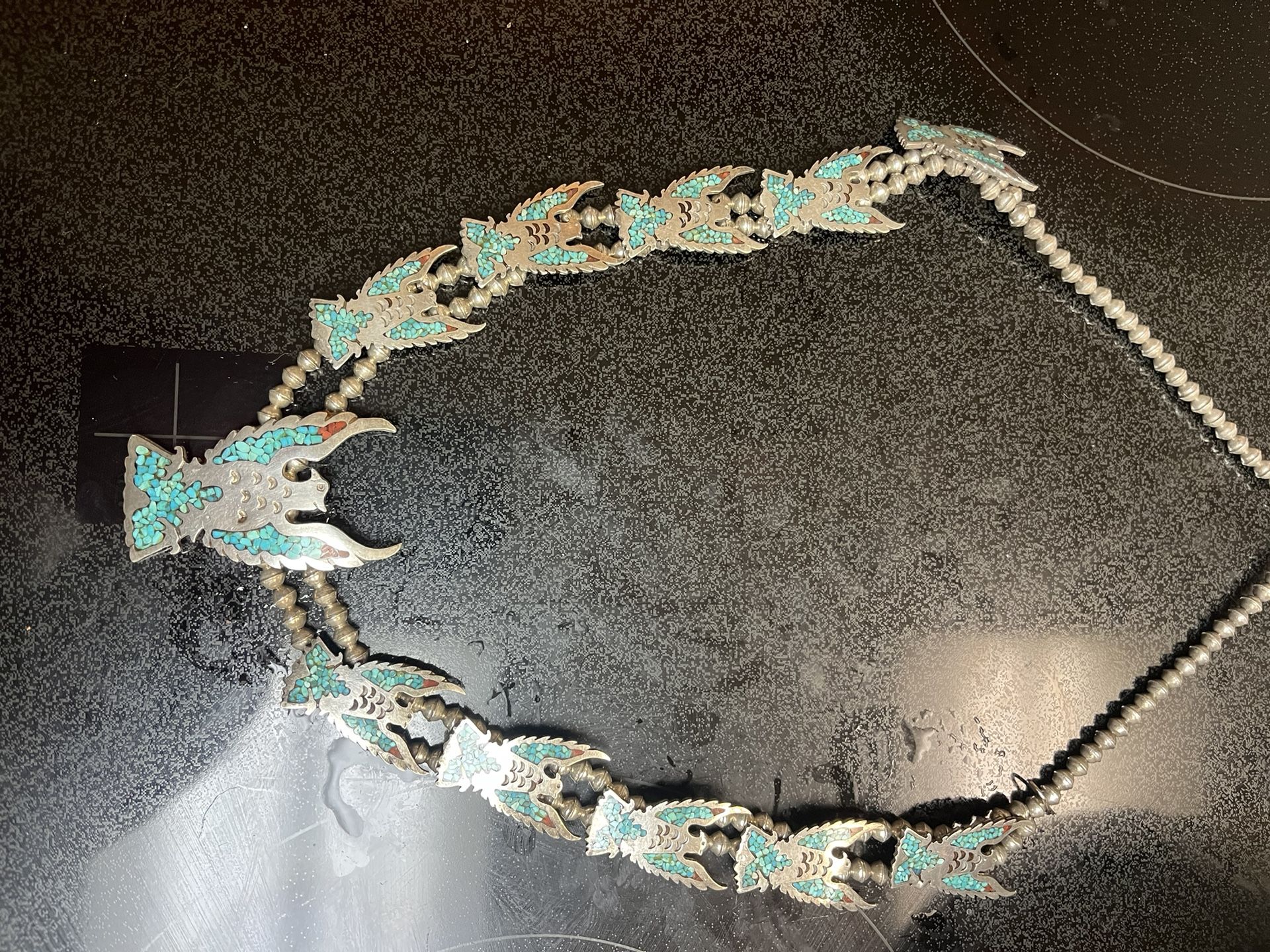 Squash, Blossom Necklace With Phoenix, Turquoise Inlay, Pure silver