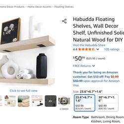 NEW Floating Shelves, Wall Decor Shelf, Unfinished Solid Natural Wood 23.6"×6.7"×1.6"
