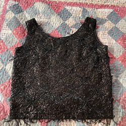 Vintage Beaded Sequin Wool Top Black Cropped Zipper Back Holiday Party Women’s S