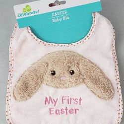 NEW "My First Easter" Girls Baby Bib Pink And Brown Bunny Way To Celebrate