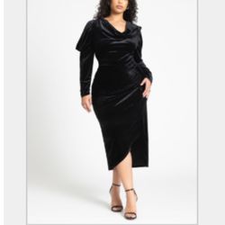 ELOQUII Draped Velvet Column Dress Color: BLACK ONYX