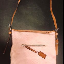 Coach Signature Womens Duffle Shoulderbag Handbag Used Pink Canvas Suede Lthr