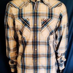 Hollister Western Plaid Shirt Men’s Large Blue Tan Pearl Snap Long Sleeve


