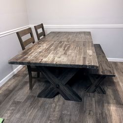 Rustic Farmhouse Solid Wood Dining Table + Bench + Chairs (Expandable)