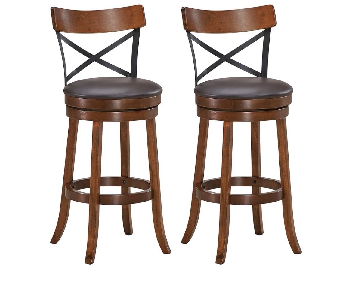 2 For $125 Assembled New Bar Stool Set of 2, 360-Degree Swivel Solid Wood Stools with Soft Cushion & Backrest, 29.5”Height Kitchen Counter Bar Stools