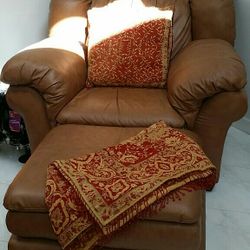LARGE LEATHER armchair sleeper w/footstool