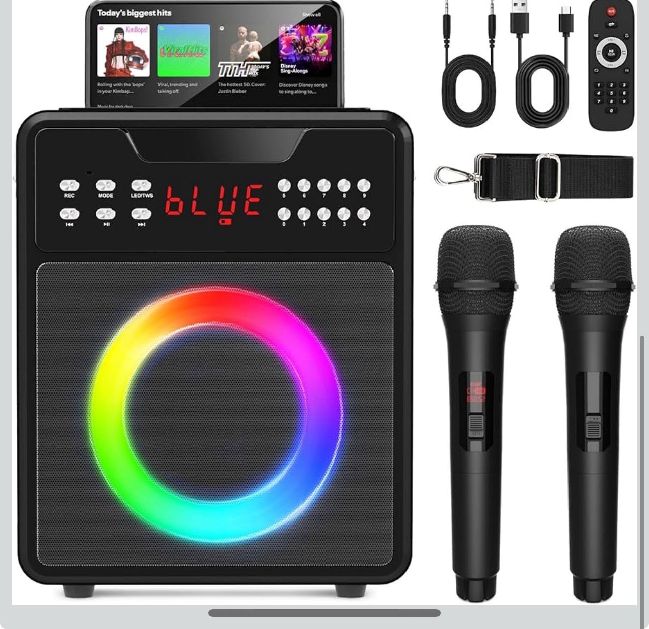 New-Karaoke Machine for Adults & Kids, Portable Karaoke Machine with 2 Wireless Microphones, Karaoke Speaker with LED Lights Supports USB/AUX in/TF Ca