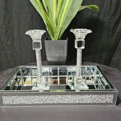 Wocred Mirror Jewelry Crushed Diamond 3 Piece Organizing Tray Set (11”x15”x2in”)