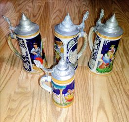 Vintage Reinhold Merkelbach, WW Wick Werke (4) German Beer Steins With Lids