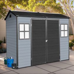8x4ft Outdoor Resin Garden Shed with Floor and 2 Windows, Plastic Patio Outdoor Storage Shed with Lockable Door for Garden Tools, Bicycles, Trash Cans