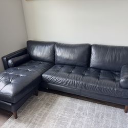 Navy Blue Leather Sectional w/ Chaise - Excellent Condition