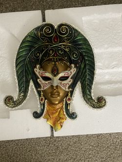 Toscano Ceramic Butterfly Face Green Headdress Finish Full Color Decorative Mask