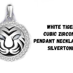 White Tiger Pendant Necklace w/CZ, 18"