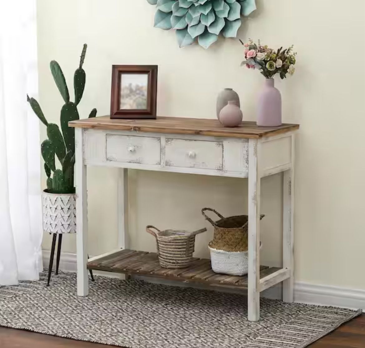36 in. Distressed White 2-Drawer Rectangle Wood Entryway and Console Table