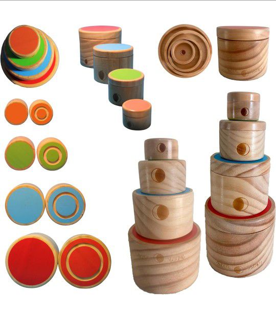 [Brand New Montessori Toys] MOONSSORI. Wooden Stacking Containers with Lids  Classic Montessori-Inspired Nesting Cylinders for Toddlers and Kids 18 M