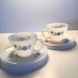 Vintage Fire-King Milk Glass Blue Flowers Cup & Saucer (Service for 2)