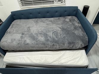 Like New Blue Upholstered Daybed / Sofa Bed with Pull-Out Bed + 2 Mattresses