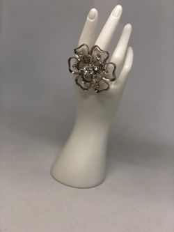 SILVER-TONE W/DIAMONDS GEMS FLORAL ADJUSTABLE RING