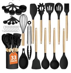 33Pcs Kitchen Utensils Set Silicone Cooking Utensils Set with Wooden Handle Heat-Resistant, Dishwasher Safe, BPA-Free Silicone Kitchen Utensil Set wit
