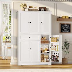68" Tall Kitchen Pantry Storage Cabinet, Modern Kitchen Hutch Cabinet with Doors and Shelves, Freestanding Food Pantry with Large Storage Drawer for D