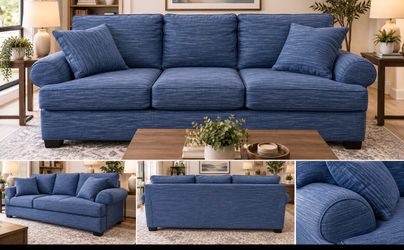 Blue 3-Seat Sofa with Roll Arms