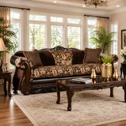 Brown Gold Traditional Carved Wood Sofa Couch Sala Venta Furniture Sale Muebles