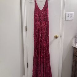 Red sequined floor length prom dress