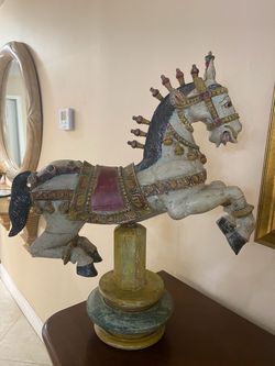 Antique Carved Carousel Horse Sculpture on Pedestal