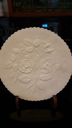 Vintage Satin Imperial Milk Glass Rose Embossed Plate