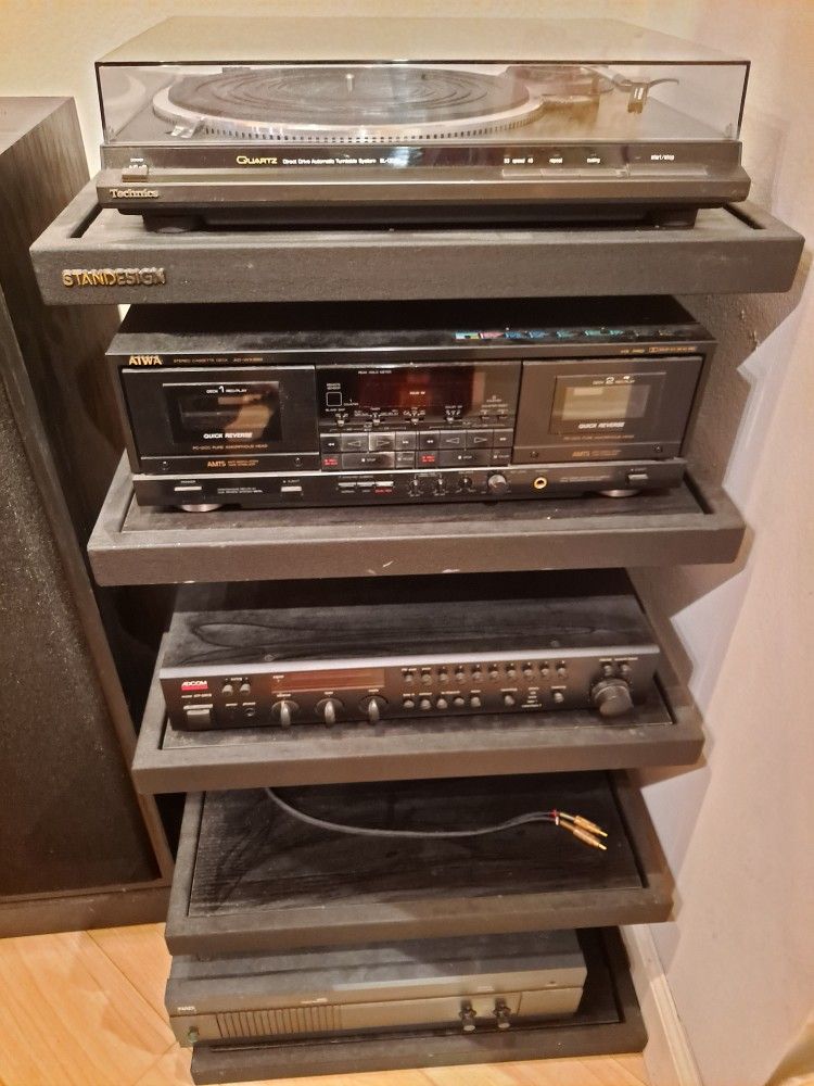 1986 Stereo System with TechnicsTurntable,Amp,Dbl Cassette Deck, 2 Klipsch Speakers, & Multi-level Stand