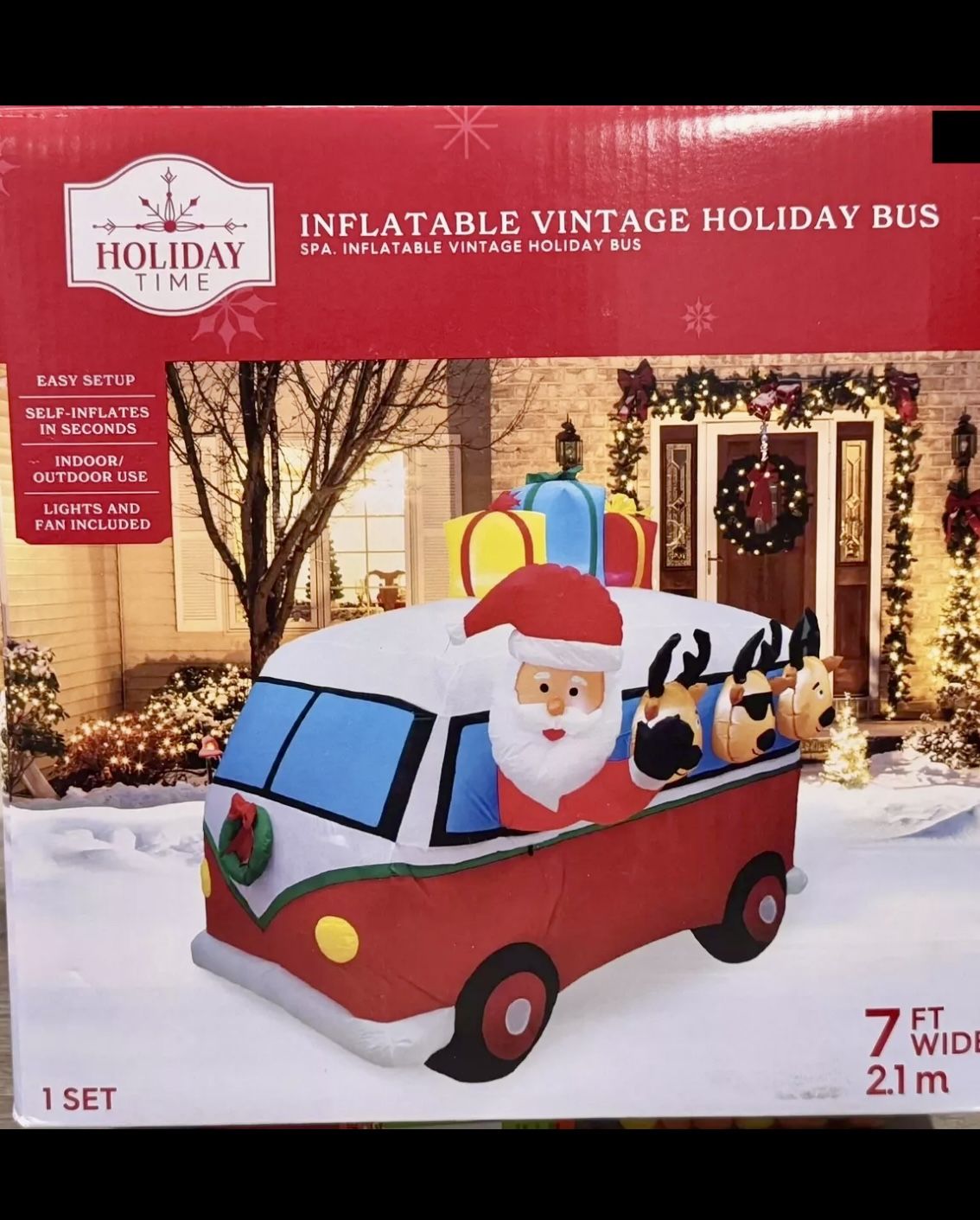 Inflatable Vintage Holiday Bus Santa and Reindeer 7FT WIDE Christmas Decor NEW