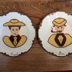 Vintage  Mid Century Victorian Style Felt And Sequin Portrait Plates