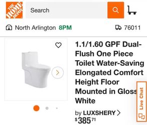 1.1/1.60 GPF Dual-Flush One Piece Toilet Water-Saving Elongated Comfort Height Floor Mounted in Gloss White
