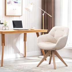 New Mid-Century Modern Swivel Chair, Upholstered Armchair, Wheelless Desk Chair with Sturdy Oak Wood Legs for Small Spaces, Home, Office, Adult, Slim,