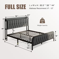 Full Size Velvet Bed Frame with Charging Station, with Upholstered Headboard & Footboard, Light Gray