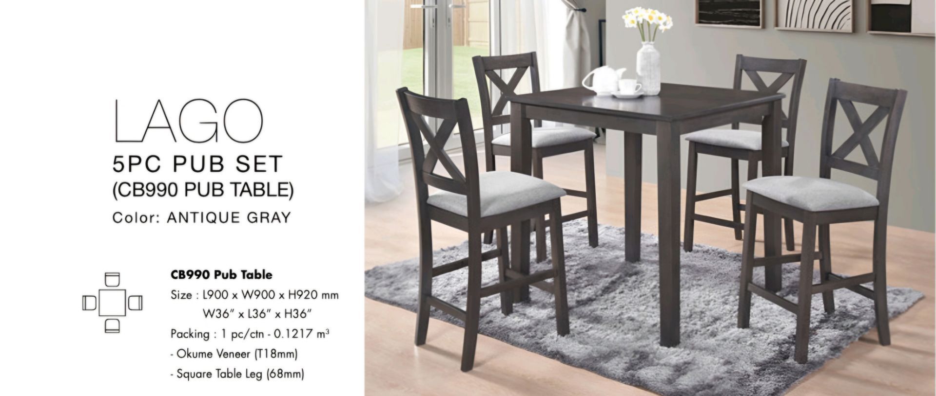 High Dining Set 5pcs Color antique grey