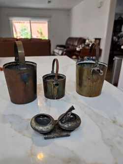 Antique Miniature Copper & Brass 5-Piece Set, Primitive Rustic Metalware, Decorative Buckets & Accessories