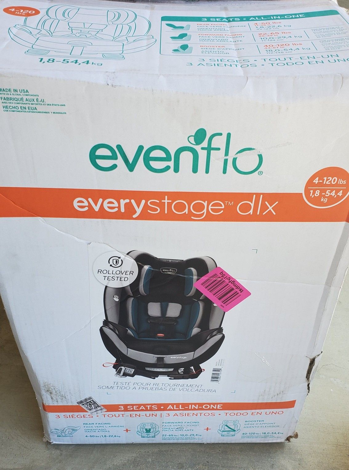 BRAND NEW Evenflo EveryStage DLX All-in-One Reclining Car Seat (Infant, Convertible & Booster). Retails for over $200 asking $150