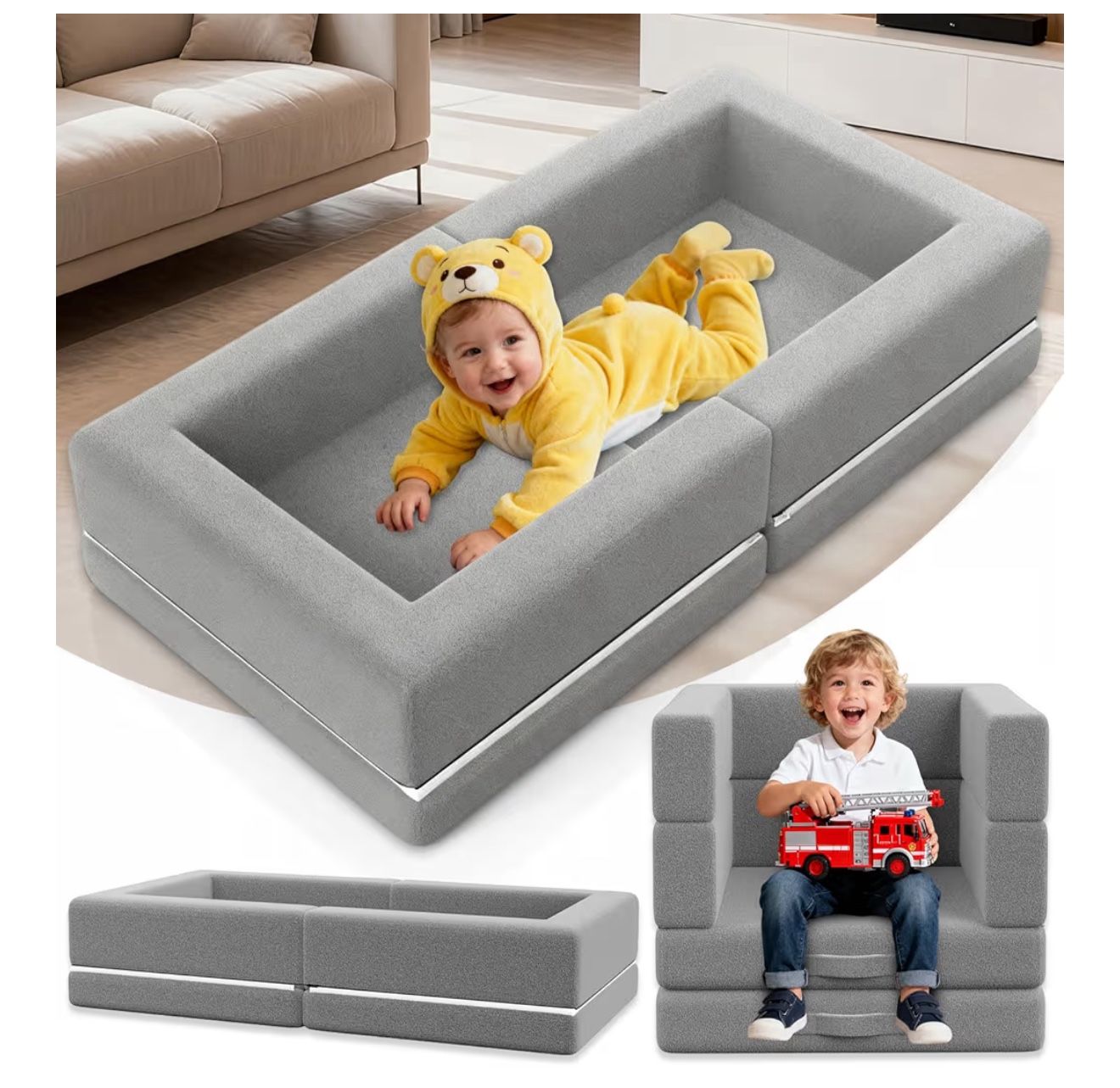 Portable Toddler Travel Bed – 3-in-1 Foldable Floor Bed (Grey, 54”)