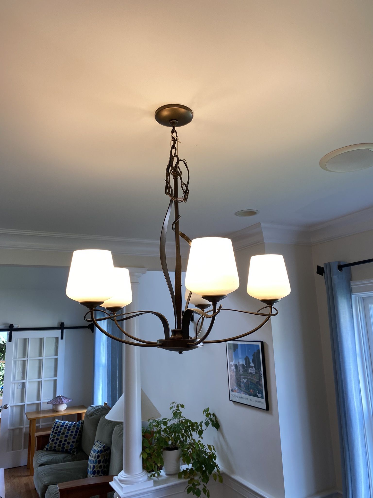 Hubbardton Forge Flora 5 Arm Chandelier, Bronze, Opal glass