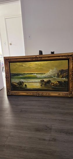 Vintage Ornate Gold Wood Frame With Beautiful Hand Painted Ocean Scene 58 Width 34 Height