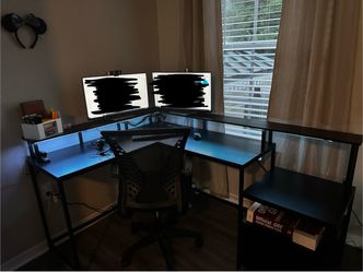 Black L-Shaped Corner Desk with Monitor Shelf