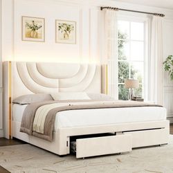 QUEEN Size Velvet Upholstered Wingback Storage Bed, Wall Wash LED Light Headboard