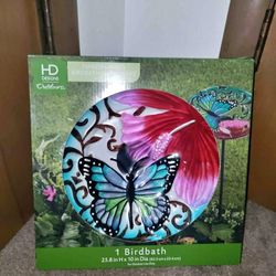 Bird Bath with Stake! Hand painted Butterfly Theme! Brand New In Box!

