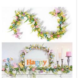 New 6FT  Garland With 20 LED Lights, Easter Garland For Mantel, Lighted Spring Garland With Artificial Eggs & Flowers, Easter Decorations For Home, Fi